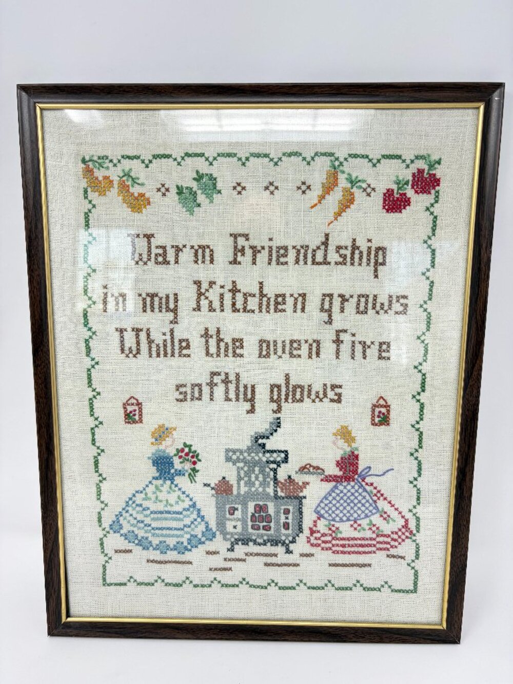 Vintage Cross Stitch Framed Picture "Warm Friendship In My Kitchen Grows" Decor